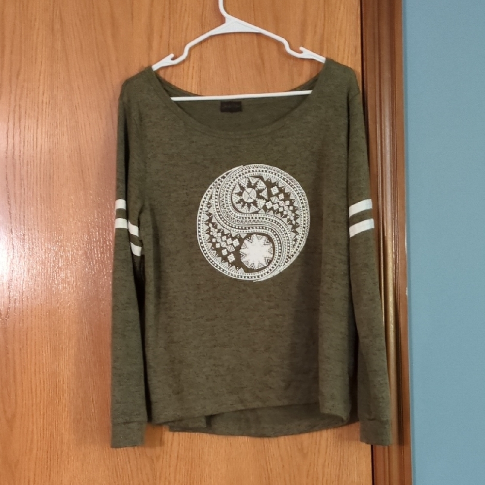 Olive Green Long Sleeve Top with White Accents